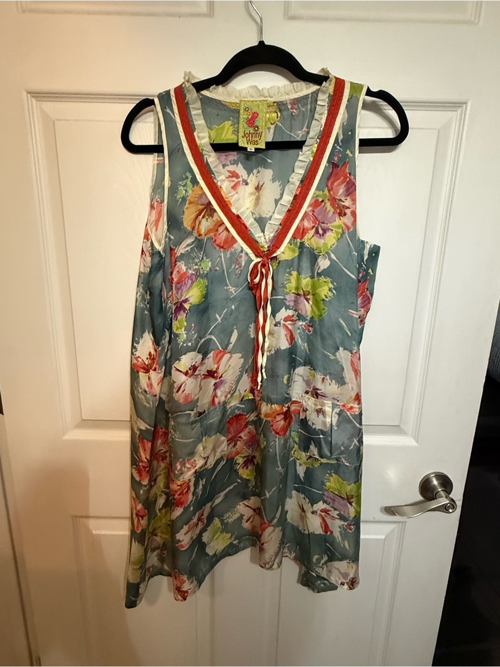 Johnny Was Silk Blue Floral Tie-Neck Sleeveless Top